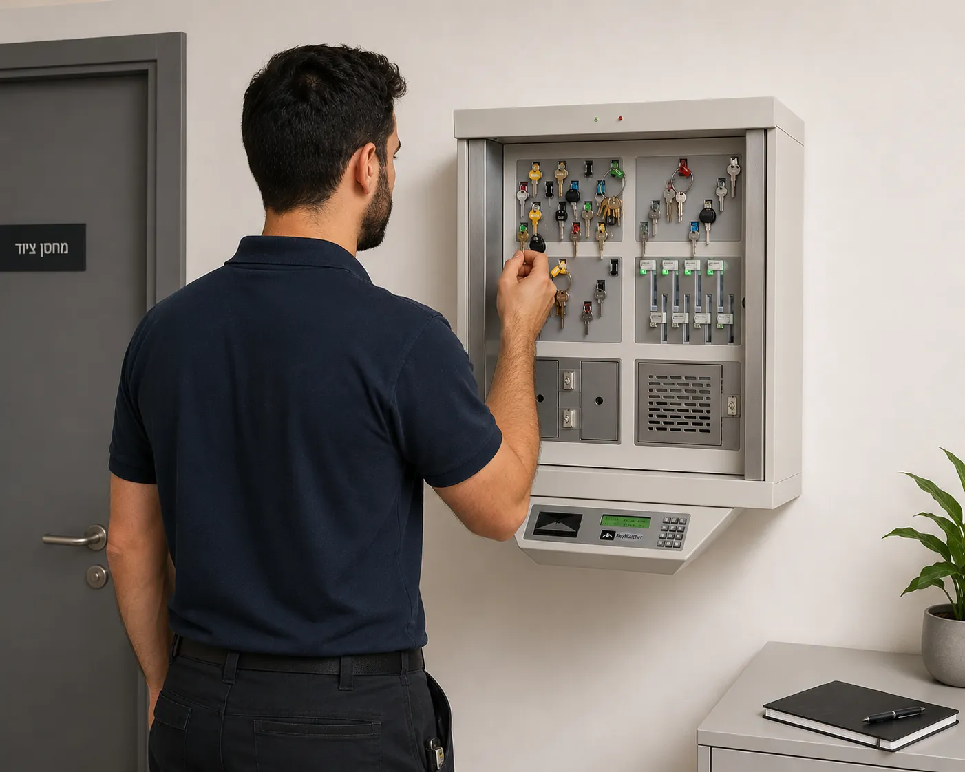 עובד מפעיל ארון מפתחות חכם KeyWatcher במסדרון ארגוני